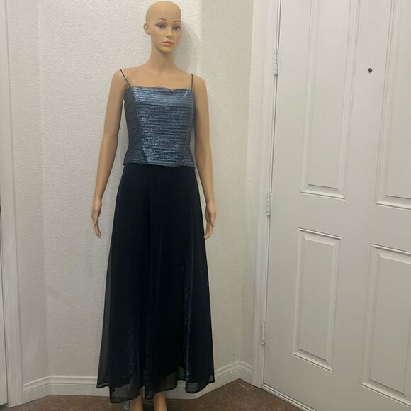 Betsy & Adam Dress By Jaslene Sz 8 Blue Silver Metallic Sheer Lined Maxi Party - Picture 1 of 8